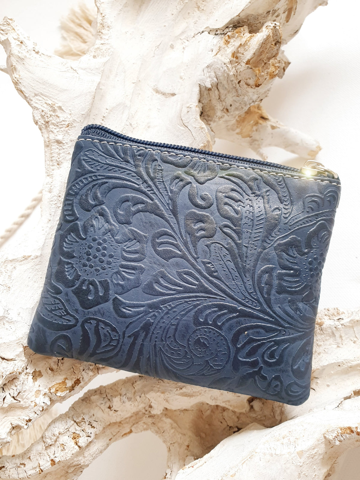 Schlüsselmäppchen BAG in Bag Schlüsselanhänger Leder blau mit Blumenmuster