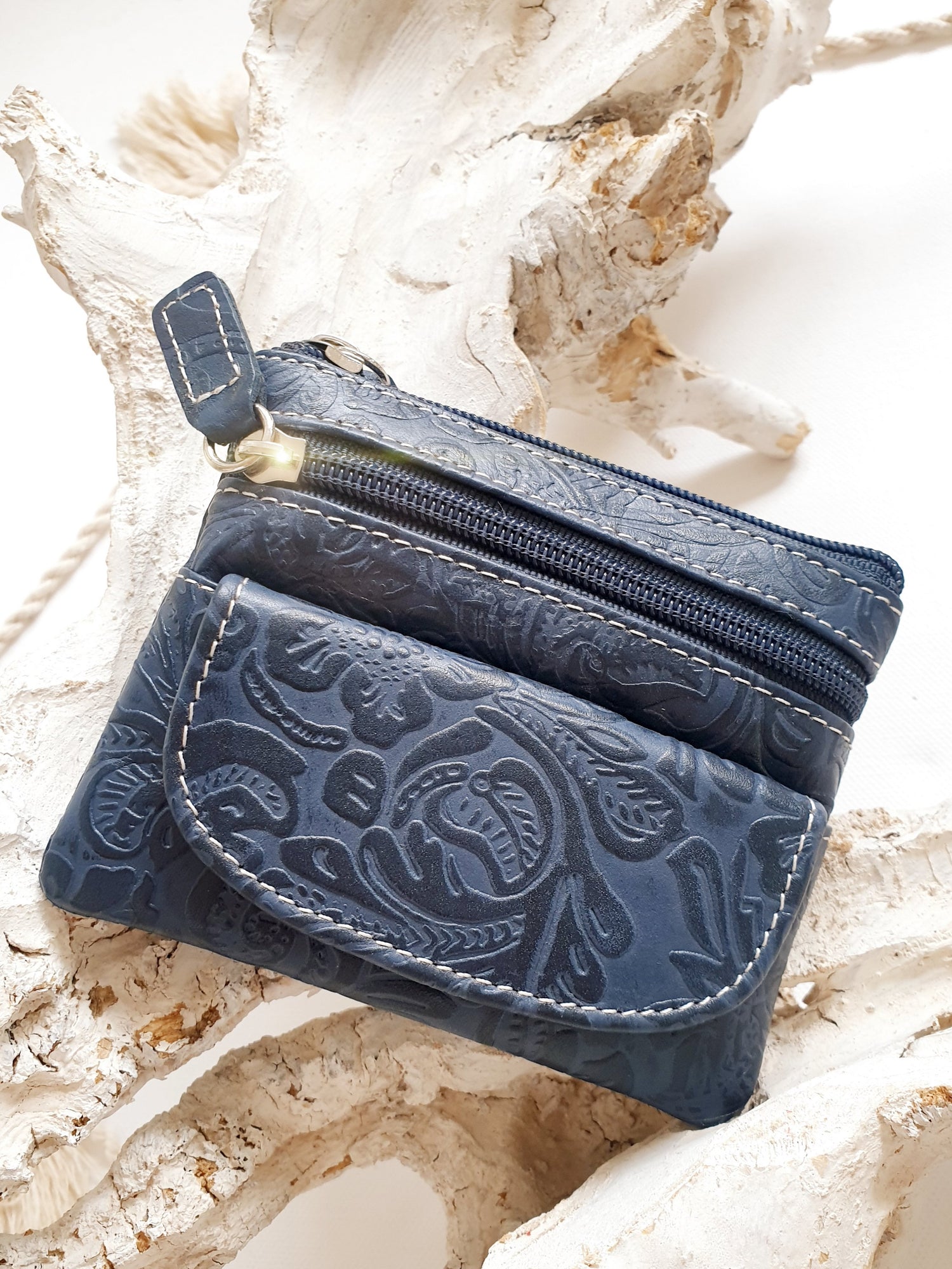 Schlüsselmäppchen Schlüsselanhänger Etui /BLAU/Leder/Blumenprägung