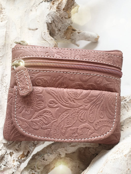 Schlüsselmäppchen Schlüsselanhänger aus Leder in altrosa mit Blumen Prägung